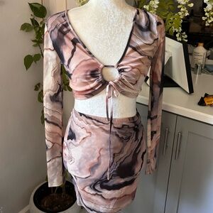 Tan Brown Marbled Long Sleeve Two Piece Skirt Set
